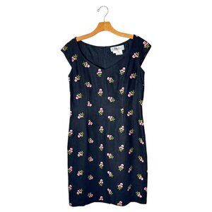 Carlisle Dress Women 8 Black Linen Embroidered Floral Sheath Whimsigoth Dainty‎